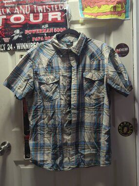 Burnside Shirt Mens Large  Blue Gray Yellow Plaid Short Sleeve Button Up Western